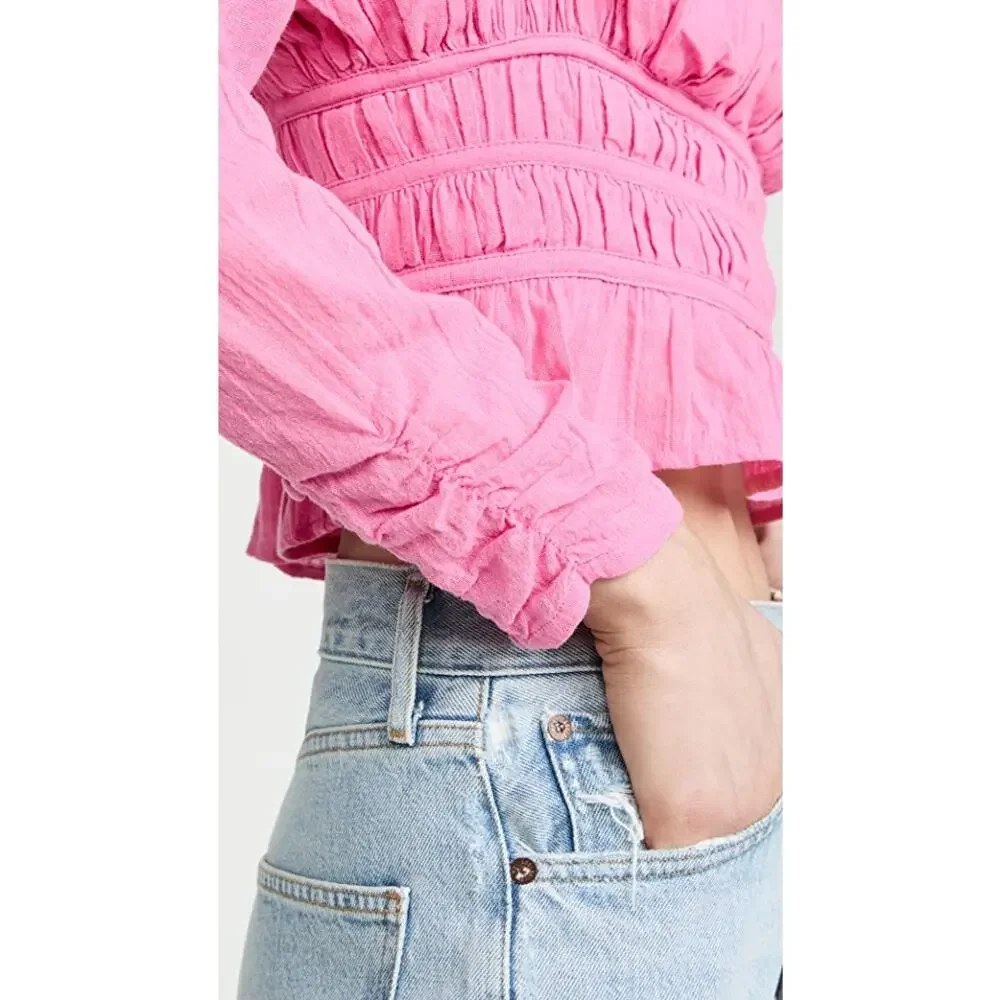 Free People Chloe Aurora Pink Smocked Peplum Sweetheart Bohemian Cropped Top